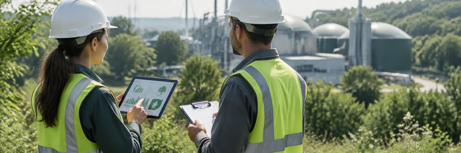 Consultores ambientais analisando dados em campo com tablet e prancheta